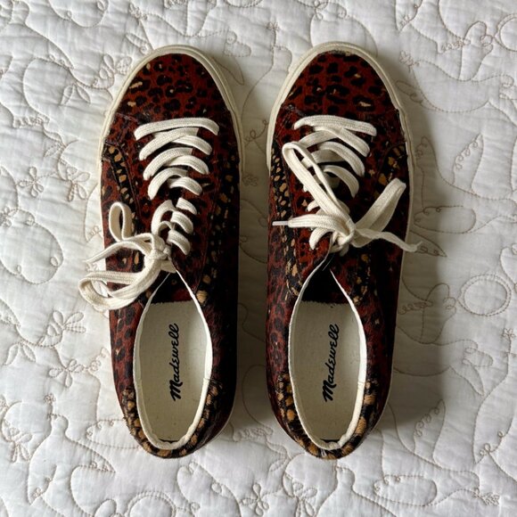 Madewell Sidewalk Low-Top Sneakers in Painted Leopard Colorblock Calf Hair NWT - Picture 2 of 7